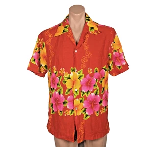 Vintage 60s Hawaiian Pomare Barkcloth Shirt M Neon Button Up Psychedelic Red - Picture 1 of 9