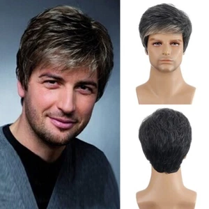 Men's Wig Black Brown Mixed Light Gold Short Hair Men's Wig - Picture 1 of 5