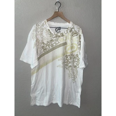 Camiseta Ecko Unlimited Diseño Camisa Oro Blanco Y2K Gráfico Rayas Años 2000 2XL XXL Foto 1 de 4