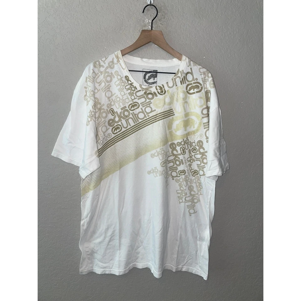 Camiseta Ecko Unlimited Diseño Camisa Oro Blanco Y2K Gráfico Rayas Años 2000 2XL XXL Foto 1 de 4