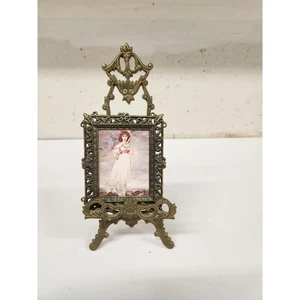 Vtg Brass Easel Picture Stand w/Picture - Picture 1 of 7