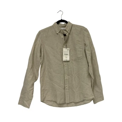 Мужская рубашка Zara топ S маленький бежевый желтовато-коричневый на пуговицах льняной хлопок 1063/307 новый с Ярлыками - Изображение 1 из 4