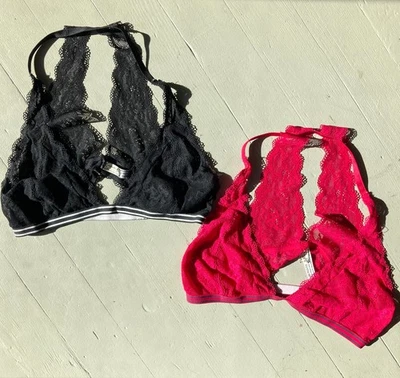 Free People Intimates lace halter bralette SET of 2 black and magenta - Image 1 of 4