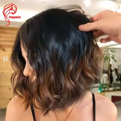 Peluca ondulada corte bob cabello humano ombre encaje corto frontal 5,5x4,5 peluca cierre base seda Foto 1 de 4