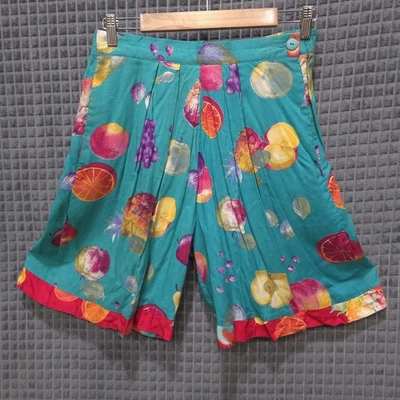 Pantalones Cortos Largos Plisados De Colección 6/28W Años 80 Fruta Verde azulado Colorido Culotte Maximalista Playa Foto 1 de 4