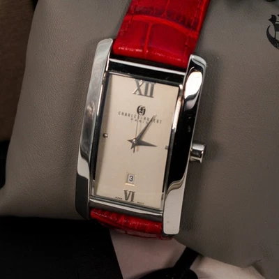 Reloj Charles-Hubert Paris Hombre 3670-P Tank Rectangular Cuero Rojo 100 ft WR NUEVO EN CAJA Foto 1 de 4