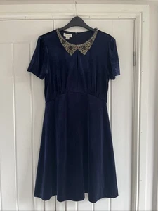 Blue Velvet Cap Sleeve Dress From Monsoon With Sequin And Jewelled Collar - Picture 1 of 7