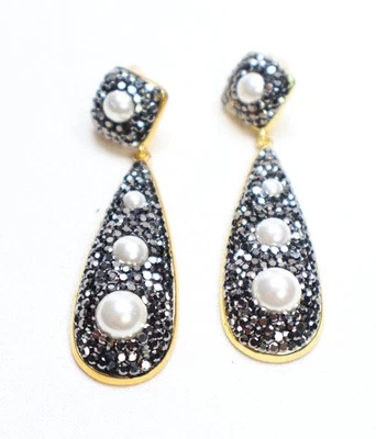 Gold Tone Hematite Crystal White Bead Post Drop Earrings NWOT - Image 1 of 4