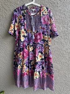 Vestido Sundance Púrpura Floral Bordado en Niveles Forrado Volantes Borla Talla L - Imagen 1 de 11