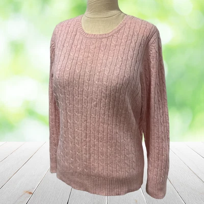LL BEAN Sweater Womens XL Pink Lambswool Cable Knit Pullover Crewneck Preppy - Image 1 of 4