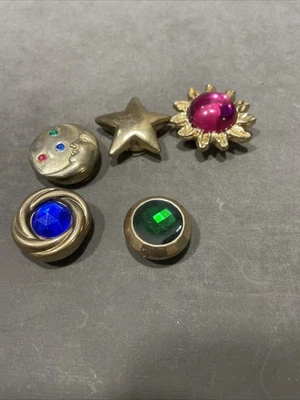 Lot 5 Sun Moon Star Gem Gold Tone L Button Covers Vtg Set Green Pink Blue - Image 1 of 3