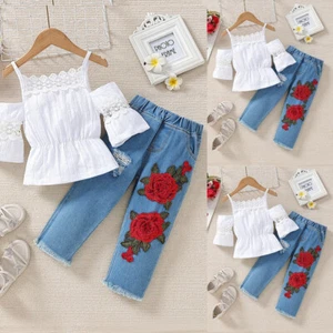2PCS Kids Baby Girls Lace Vest Tops Floral Denim Jeans Pants Outfits Clothes Set - Picture 1 of 12