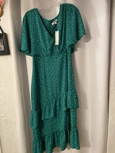 MWT $120. BB Dakota Polka Dot Green Ruffle Midi Dress Size 10 - Picture 1 of 3
