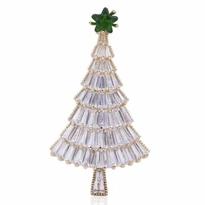 Christmas Tree White CZ Stone Crystal Brooch Pin Gold Plated Brass Holiday X336 - Picture 1 of 4