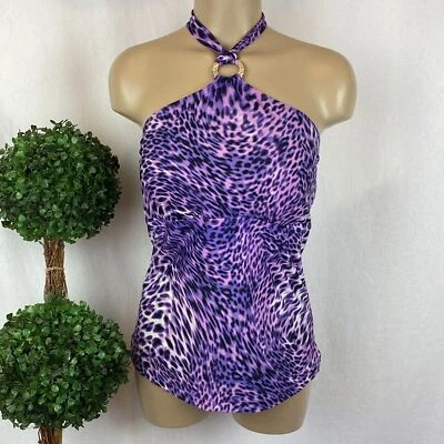 Terno de banho Dana Buchman roxo e preto estampa de animais halter tankini top 10 - Imagem 1 de 4