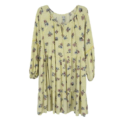 Love Fire 黄色花卉分层迷你连衣裙波西米亚钩针气球袖子尺寸 2X — 第 1/4 张图片