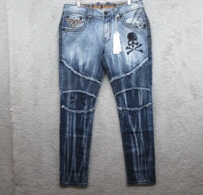 Rock Revival Montell Biker Skull Denim Jeans Mens 33 Blue Embroidered New - Image 1 of 2