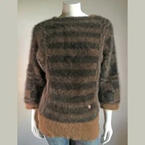 70% Angora Fuzzy ETIENNE AIGNER Brown Checkered Pullover Sweater 42 in bust - Picture 1 of 9