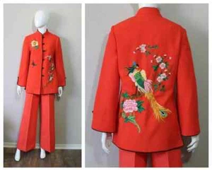 VTG 60s Lilli Ann MOD Red Two Piece Embroidered Coat Mandarin Jacket Pant Suit - Picture 1 of 8
