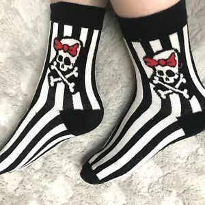 NEW Womens Skull Ankle Socks Black Striped Red Crossbones OS Rollerderby Referee