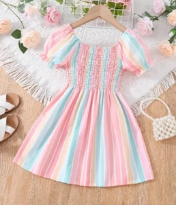 NEW Pastel Stripe Girls Smocked Puff Sleeve Dress 3T 4T 5T 6 7 - Picture 1 of 5