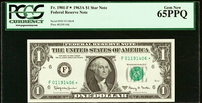 *Star* $1 Dollar FRN 1963A Fr. 1901-F* Atlanta PCGS Gem New 65 PPQ - Image 1 of 2