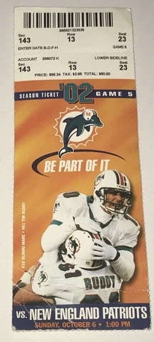 10/6/02 Dolphins New England Patriots Ticket Stub Brady Early Career TDs #30 #31 Cover