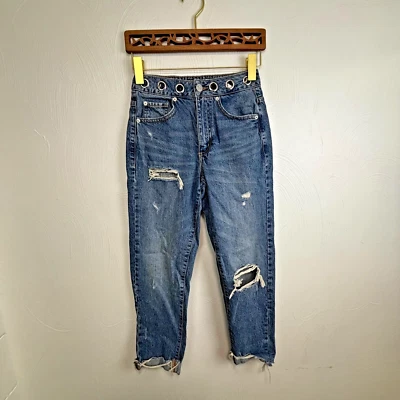 Pantalones de mezclilla azules de garaje de los 90 con ojal banda en la cintura pierna recta desgastados dobladillo crudo Foto 1 de 4