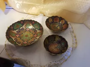 Vintage Hand Made Indian Decorative Colored Solid Brass Bowls - 3 pcs; Beautiful - Picture 1 of 3