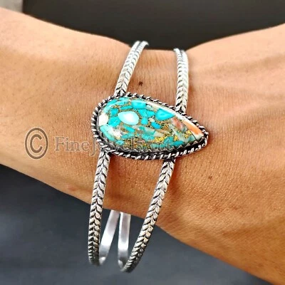 Pulsera Oyster Cobre Turquesa Piedras Preciosas 925 Plata Soild Hecha a Mano Mujer M259 Foto 1 de 4