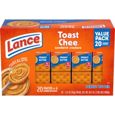 Lance Sandwich Crackers, Toastchee Peanut Butter, 20 Packs, 6 Sandwiches Each - Image 1 of 4