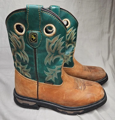 Dan Post Cowboy Boots Boys Youth 4.5 D Green Brown Leather Pull On Square Toe - Image 1 of 4