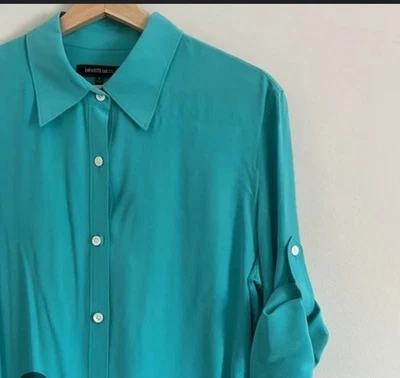 Túnica Lafayette 148 seda manga enrollable abotonada mujer talla 10 cuello verde azulado Foto 1 de 4