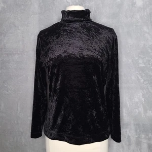 Vintage Black Crushed Velvet Turtleneck Sweater Size M 90s Lightweight - Picture 1 of 9