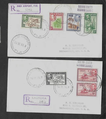 FIJI 1953/4 2xDIFF COVERS REG'D 7xDIFFT STAMPS TO 6d 'LAUTOKA & NADI AIRPORT' DS - Image 1 of 2
