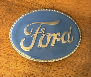 Vintage Ford Motor Company Belt Buckle Light Blue Enamel Oval Metal Silver Tone - Picture 1 of 12