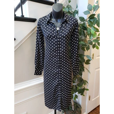 JoJo Maman Bebe Long Shirt Dress Women 4 Black White Polka Dot Slit Button-Front - Image 1 of 4