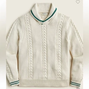J Crew Baumwolle Pullover mit Zopfmuster und Schalkragen Gr. L elfenbein grün Tennis - Bild 1 von 13