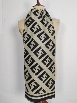 FENDI подлинный винтажный узор серый / черный шерсти кашемир зимний шарф шарфы - Изображение 1 из 4