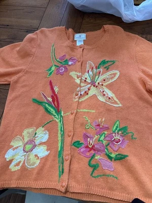 susan bristol hand embroidered orange short sleeve sweater xl - Image 1 of 4