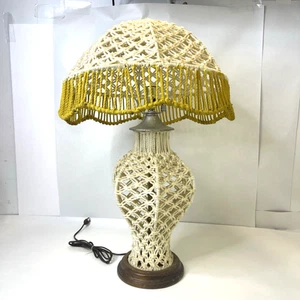 Vintage 1970s Unique Macramé Table LAMP Boho Mid Century Mod Wood Base - Picture 1 of 20