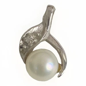 Anhänger 14 Kt massiv Weißgold 6 mm runde weiße Perle und Diamant GETESTET - Bild 1 von 8