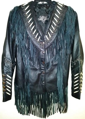 Chaqueta de cuero negra para motociclista con cuentas de hueso nativo flecos Western Gallery Foto 1 de 4