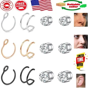 Trendy Faux Nose Rings Set - 9 Pcs Stainless Steel Non-Pierced Jewelry - Picture 1 of 8