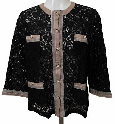 Linea by Louis Dell'Olio “S”Black Lace Jacket W/ Plaid Tan Linen Trim Detail - Image 1 of 4