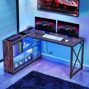LED Computer Desk L Shaped Office Table Open Shelf Storage w/ USB Power Outlet - Picture 1 of 13