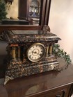 SETH THOMAS ADAMANTINE MANTLE CLOCK FAUX MARBLE LIONS HEADS, GORGEOUS BRASS 1880