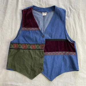 Vtg 80s 90s Koret City Blues Denim Patchwork Button Vest Velvet 1X Cottagecore - Picture 1 of 8