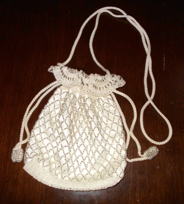 Vintage Cream Rayon Silver Beaded Crochet Drawstring Purse w Long Shoulder Strap - Image 1 of 4