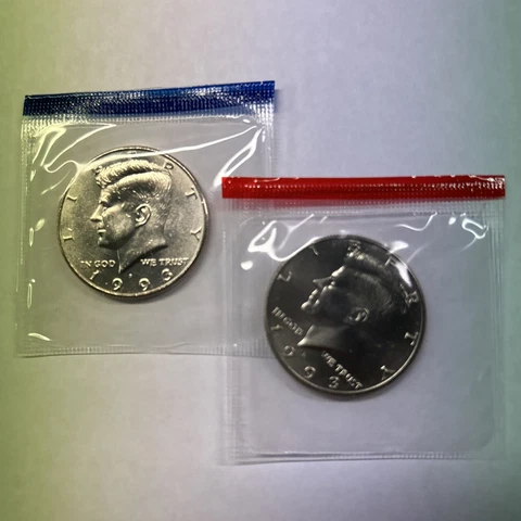 1993 P&D Kennedy Half Dollars from Mint Set in Mint Cello with Free Shipping Cover